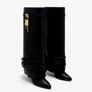 Pleated Upper Thin High Heel Pointed Toe Overlay Shoes Dress Metal Lock Pants Boots Women's Folded Over Knee High <b>Booties</b> - Product Image 6