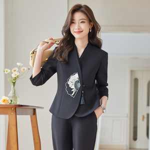 Chinese Style Women's Suit Set With Embroidered Floral Design Flared Pants Elegant Autumn Wear Full Sleeve Anti-Wrinkle - Product Image 3