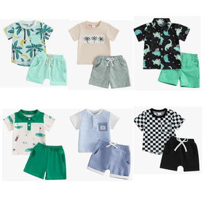 Conjunto de Ropa Infantil Unisex de Verano, 2 Piezas, Algodón, Sin Marca, Estilo Casual, Camiseta sin Mangas a Cuadros, Pantalones Cortos Estampados, Edades 0-12 - Product Image 6