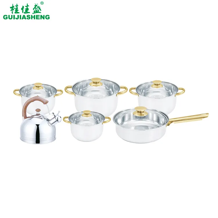 Hot sale 12pcs Milano Cookware Gift Sets Home Use Stainless Steel Golden Handle Pot Frying Pan Kettle Sets with Induction Bottom