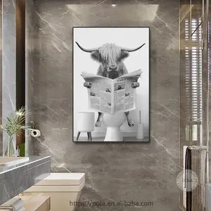 Lindo divertido Highland vaca en un inodoro lienzo pintura baño de burbujas y vino impresiones blanco y negro pared arte hogar Baño Decoración