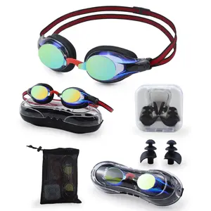 Adult racing mirror coating lens anti-fog UV protect silicone swimming goggles ear plugs nose clip swimming gear package PS case