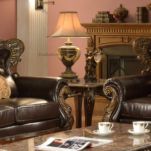 Conjunto de Sofás de Sala de Estar em Couro Genuíno Europeu e Madeira Maciça, Conjunto de Sofás Tradicional Esculpido à Mão 1+2+3 Lugares - Product Image 4