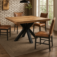 Table à manger carrée industrielle moderne 150 cm en bois de manguier massif avec base en métal noir en X, faite à la main, 4 places, pour restaurant, café, maison