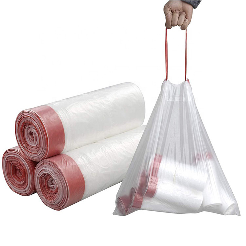 Custom eco friendly black white colours biodegradable drawstring plastic trash bag recycled garbage bags draw tape on roll