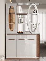 Console d'entrée moderne en bois de luxe léger avec portes doubles, cloison de style écran, rangement double face pour vin et chaussures