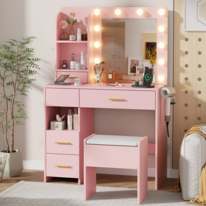 Coiffeuse moderne en bois avec miroir éclairé par LED, étagères de rangement, grands tiroirs, tabouret de rangement, prise de courant, <span class=keywords><strong>chambre</strong></span> à coucher - Product Image 6