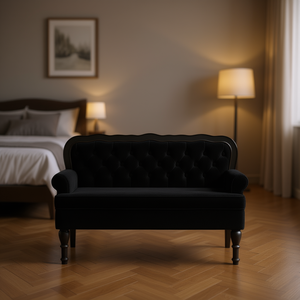 Black Velvet Upholstered <b>Bench</b> With Decorative Inlays Traditional Bedroom Furniture Solid Rubber <b>Wood</b> Construction - Product Image 2