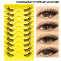 10 paires de faux cils faits à la main à bande transparente, demi-bande, naturels, courbure C, effet œil de chat, œil de renard, cils effilés faits à la main