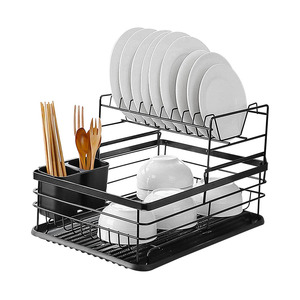 Organizador de cocina de metal, estante de lavado de platos, palillos, cuencos y estantes para platos, almacenamiento al por mayor con estante para platos de 2 niveles y bandeja de PP - Product Image 1