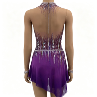Robe de patinage artistique violette sans manches à col halter, entièrement ornée de strass, dos ouvert, jupe asymétrique pour filles et enfants, compétition