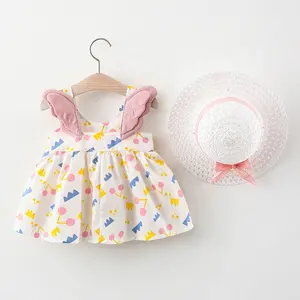 Robe d'été pour petites filles, nouvelle mode, sans manches, imprimée, princesse avec ailes arrière, avec chapeau, ensemble pour bébés filles, 2 pièces, 2022