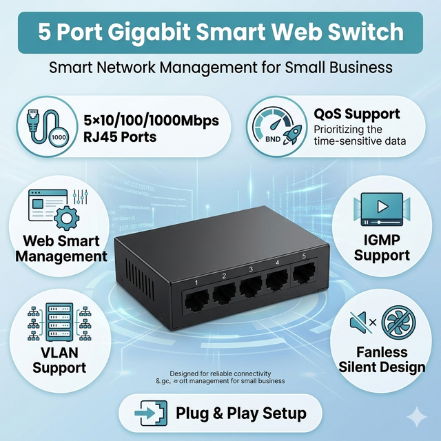 OEM 5 Port Gigabit Smart Web Switch Desktop Metal Ethernet Switch with VLAN Management for Home Lab Small Business