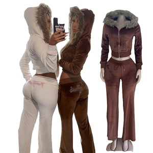 สินค้ามาใหม่ ชุดเซ็ต 2 ชิ้น เสื้อแจ็คเก็ตครอปมีฮู้ดถักเนื้อนุ่มระบายอากาศได้ดีสำหรับผู้หญิง ฤดูใบไม้ร่วง ฤดูหนาว พร้อมกางเกงขายาว สไตล์ลำลอง - Product Image 1