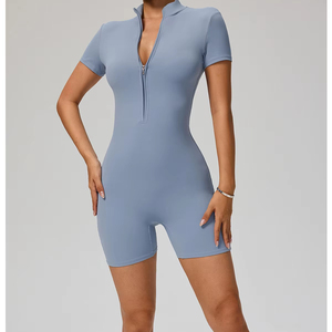 Hot Sale Wholesale Seamless Quick Dry Breathable Short Leg Short Sleeve Front Zipper Yoga Jumpsuit