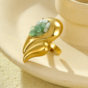 Bague à double rangée en acier inoxydable de style vintage, accessoires pour les mains, rétro, exagérée, incrustée de pierres naturelles - Product Image 6