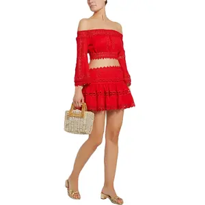 Summer Street Wear Off Shoulder Lace Trim Crop Top And Mini Skirt Two Piece Set