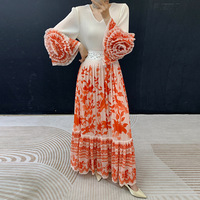 Robe longue plissée Miyake tissée, nouveau style été 2026, col en V, ceintures florales, manches bouffantes lavables, 100 % polyester, infroissable