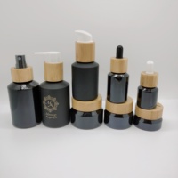 Kemasan Botol Kaca Kosmetik 15g-200ml Botol Lotion Kaca Hitam Model Slant Shoulder, Botol Minyak, dan Stoples Krim dengan Tutup Bambu