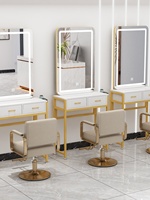 Miroir de salon LED arqué avec halo, cadre doré, base de table blanche, commande tactile, station de coiffure, vente en gros