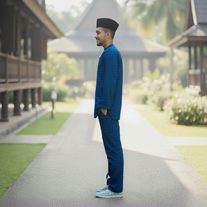 TELUK BELANG Malasia SIPO tradicional azul oscuro <span class=keywords><strong>cuello</strong></span> mandarín Kurta con sombrero negro, zapatillas blancas <span class=keywords><strong>y</strong></span> Jardín de camino de madera. - Product Image 3