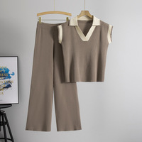 Ensemble deux pièces été 2026 : Haut tricoté sans manches à revers, style rétro et color block + Pantalon large taille haute amincissant