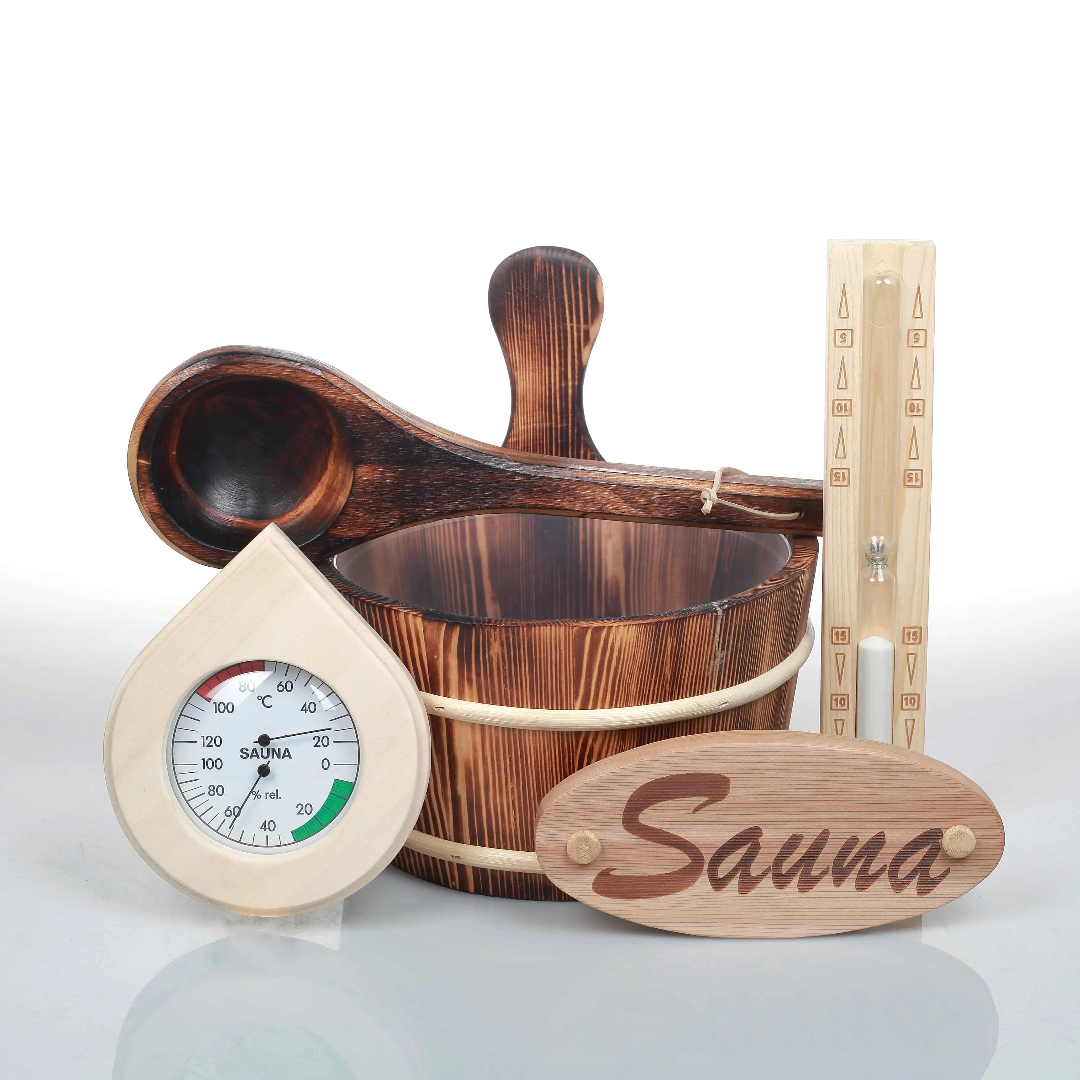 Home sauna accessori set termoigrometro, timer sabbia sauna, secchio sauna in legno e mestolo in vendita