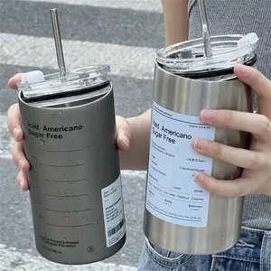 Coffee Cup Thermos Stainless Steel Water Bottle With Straw 12oz 20OZ Ice American Coffee Mug Vacuum Flask Double-layer Straw Cup