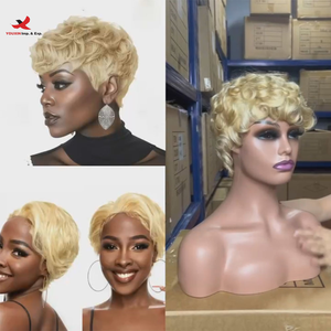 Perruques courtes de style pixie à ondulations lâches, mélange de cheveux HQ, remise, frontale, brésilienne, originale, fabriquée à la machine, perruques en cheveux humains brésiliens - Product Image 2