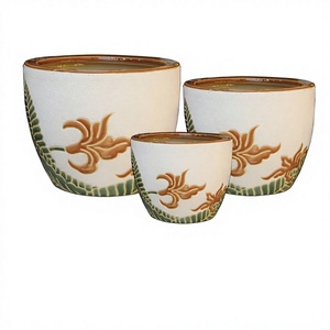 Juego de 3 Macetas de Cerámica Esmaltada Vintage, Ecológicas y Duraderas, con Diseño Floral Blanco para Decoración del Hogar y Jardín - Product Image 1