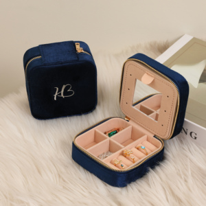 Custom Portable Square Velvet Fashionable Zipper <b>Ring</b> Earring Jewelry Box Mirror Organizer Jewelry <b>Storage</b> Case Travel - Product Image 1