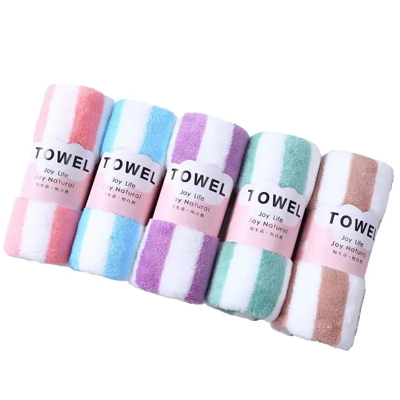 Wholesale private machine washable feel comfortable broad stripe coral velvet towels with customizable labels
