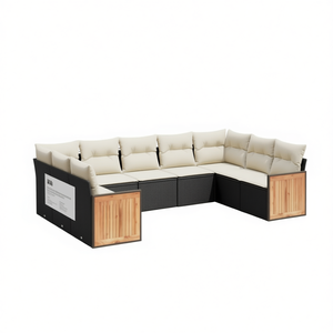 Ensemble de salon de jardin en rotin blanc crème et noir, 6 places, mobilier d'extérieur, design contemporain, panneaux en teck - Product Image 1