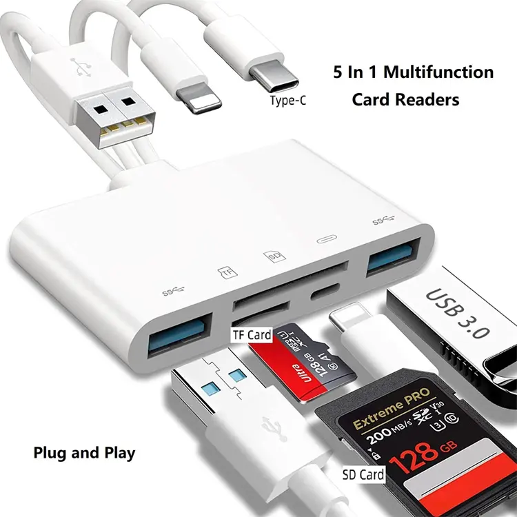 USB Adapter 5 In 1 Type C Android IOS Flash Drive SD/TF Card Reader Adapter for Iphone Ipad Macbook Laptop Xiaomi Samsung