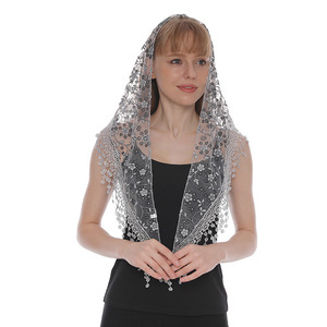 Voile catholique en dentelle espagnole pour femme, 19 couleurs, châle de chapelle, couvre-chef, écharpe florale, châle de messe avec pompons - Product Image 2