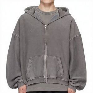 เสื้อฮู้ดซิปผู้ชายทรงโอเวอร์ไซส์ สีพื้น ผ้าฟลีซคอตตอน แห้งเร็ว 360 กรัม ล้างสีแบบแอซิดวอช สไตล์สตรีทแวร์ เสื้อกันหนาว - Product Image 1