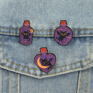Кэтбат ведьма зелье бутылка эмаль булавки Ужасы Хэллоуин Луна Звезда Молния Брошь Нагрудный значок Панк ювелирные изделия подарок оптом - Product Image 1