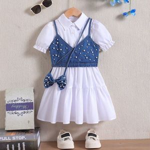 Wholesale Girls' Solid Short-sleeve <b>Patchwork</b> Petticoat With Beaded Denim Suspender Vest and Bag Girls Clothing Set 4-7Y - Product Image 1