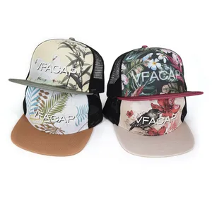 Benutzer definiertes Logo Digitaldruck Hawaii Style Mesh Snapback Flache Krempe Blumen Trucker Hut und Kappen