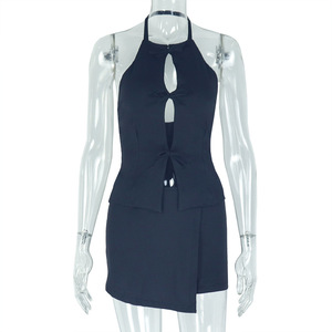 JSD711725 Pakaian Wanita Elegan Set Dua Potong Atasan Berpotongan Lipit Warna Solid Model Berongga dan Rok Bodycon Berkerut untuk Musim Panas Terbaru - Product Image 6
