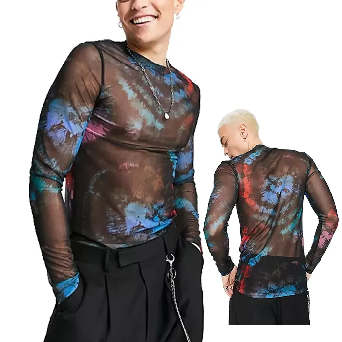 huili factory low moq wholesale fashion tie dye pattern long sleeve t shirt lightweight mesh fabric men custom print t-shirts