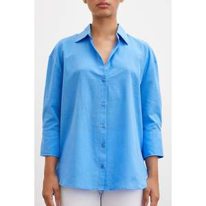 Chemise en lin boutonnée pour femme, bleue, style décontracté, design simple, poignets larges - Product Image 5