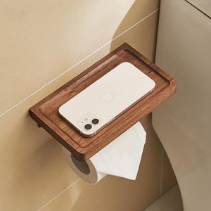 Wall Mounted Toilet Paper Holder With Wooden <b>Shelf</b> Minimalist Design For Bathroom Use - Product Image 2