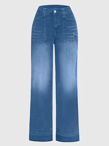 Jeans Larghi <span class=keywords><strong>Estivi</strong></span> da Donna a Vita Alta, Gamba Larga, Blu Medio, <span class=keywords><strong>con</strong></span> Grandi Tasche Frontali, <span class=keywords><strong>Pantaloni</strong></span> in Denim Stile Workwear Casual - Product Image 2