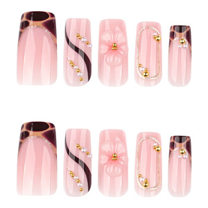 <span class=keywords><strong>Uñas</strong></span> Postizas Largas Cuadradas con Diseño de Flores 3D <span class=keywords><strong>y</strong></span> Estampado de Leopardo, con Perla, para Uso Diario - Product Image 3