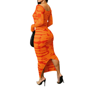 Nuevo Vestido Midi Casual Elegante Estampado Elástico Bodycon de Manga Larga para Mujer, Colección Primavera 2026, Color Naranja Quemado - Product Image 3