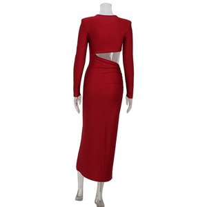 Trompet Hem 100% Polyester ile kadın o-boyun uzun kollu kat uzunluk Bodycon Casual parti elbise - Product Image 4