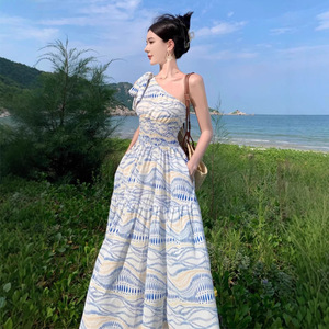 French Style One Shoulder Maxi Dress Asymmetric Breathable Beach Cover Up For Women Summer Travel Outfit - Product Image 3