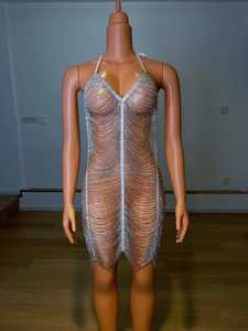 AD1166 с украшениями в виде кристаллов платье для ночного клуба со стразами, нательная цепочка под платье для женщин сексуальный наряд из одного предмета одежда для сцены - Product Image 6