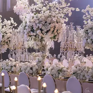 SH-1931 wholesale 9 arms wedding decoration centerpieces gold crystal candle holders candelabra with hanging crystals